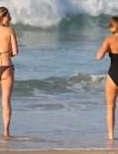 Lara Bingle and Phoebe Tonkin in Black Swimsuit at a Beach in Sydney
