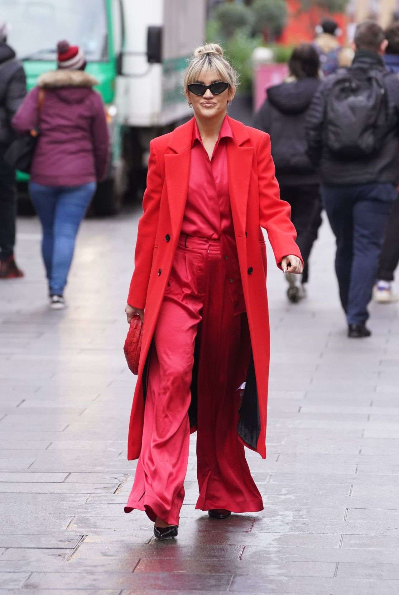 Ashley Roberts in Long Red Jacket, Out in London