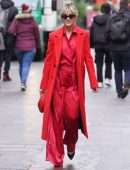 Ashley Roberts in Long Red Jacket, Out in London