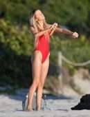 Louisa Warwick in Red Swimsuit for a Photoshoot in Miami