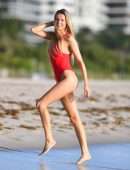 Louisa Warwick in Red Swimsuit for a Photoshoot in Miami