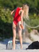 Louisa Warwick in Red Swimsuit for a Photoshoot in Miami
