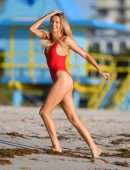 Louisa Warwick in Red Swimsuit for a Photoshoot in Miami