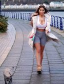 Chloe Ferry - Walking her Dogs in Denim Shorts in Newcastle