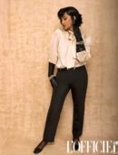 Alana Monteiro in Satin Shirt and Black Pants wearing Pearls to L’Officiel Anniversary Issue 2025