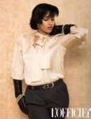 Alana Monteiro in Satin Shirt and Black Pants wearing Pearls to L’Officiel Anniversary Issue 2025