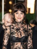 Dakota Johnson in Long Transparent Flowery Gown in Kering Foundation’s Caring for Women Dinner in New York City