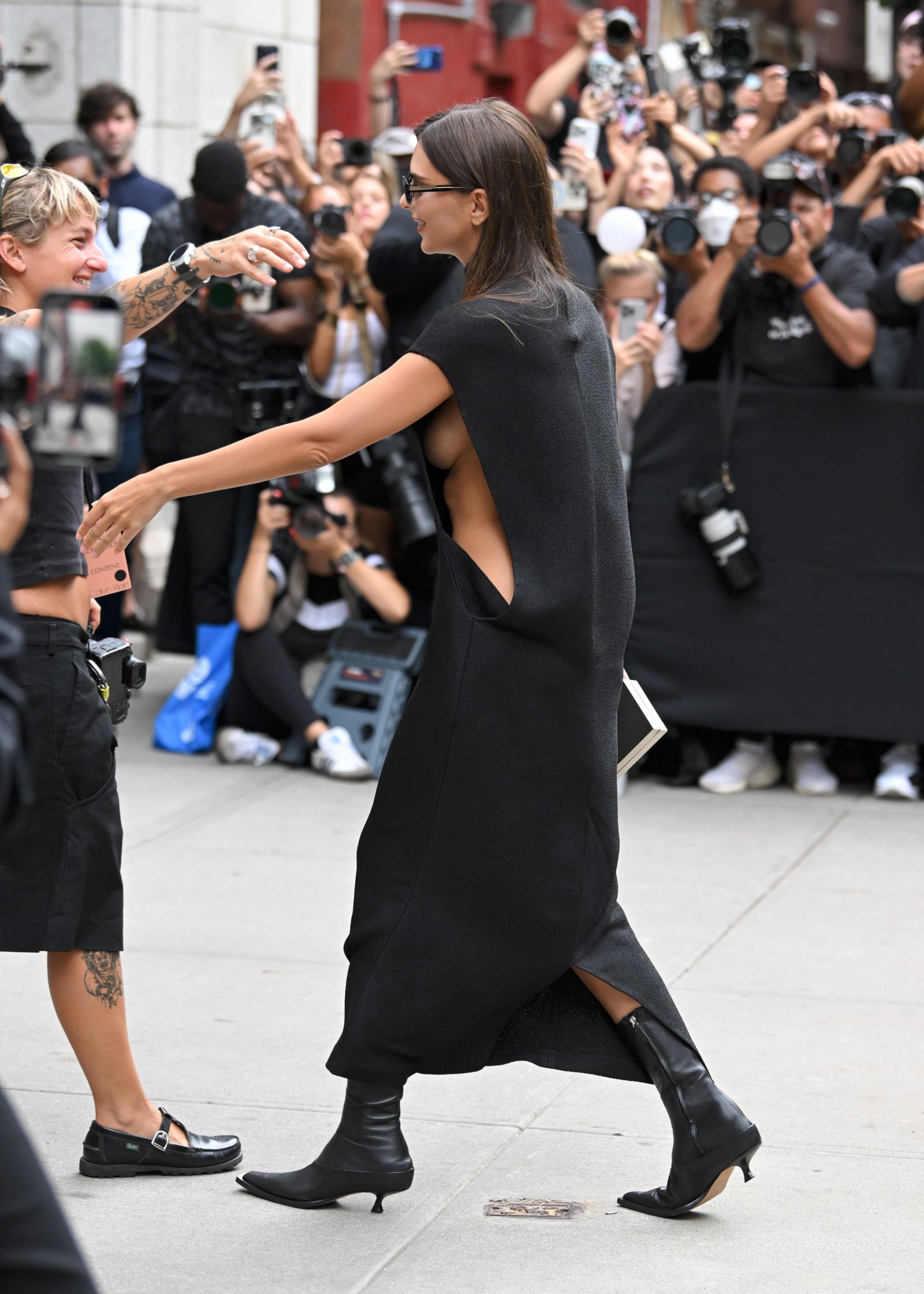 Emily Ratajkowski in a Black Long Dress Slit from Both Sides at NYFW
