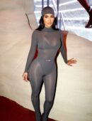 Kim Kardashian in a Sheer Catsuit at Nike SKIMS NYC Bash