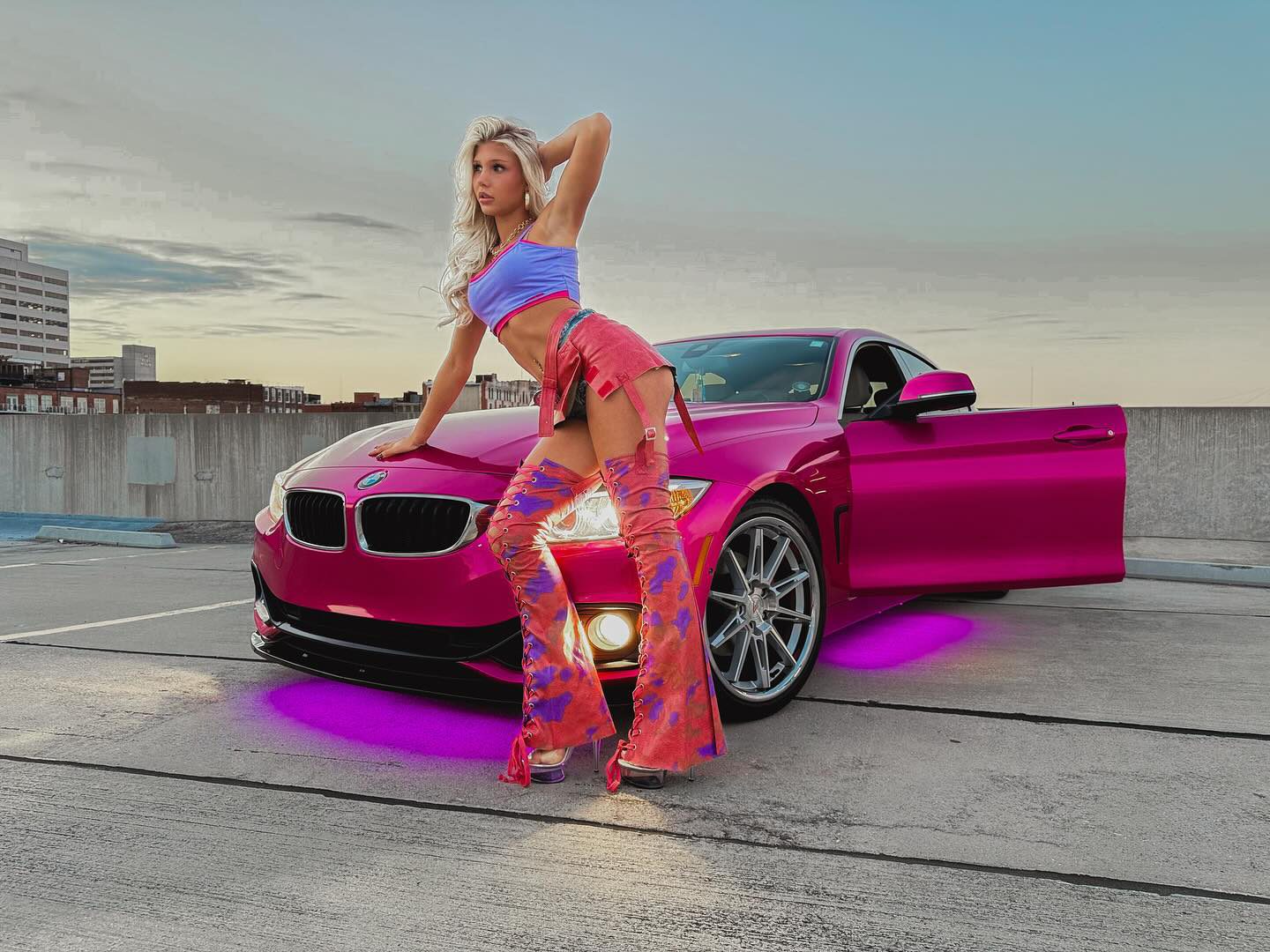 Brooklyn Riley Leggy in Denim Shorts and Smile Light Up Urban BMW Photoshoot 2025