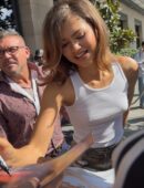 Zendaya Pokies in White and Tight Tank Top in Paris
