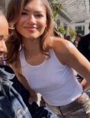 Zendaya Pokies in White and Tight Tank Top in Paris